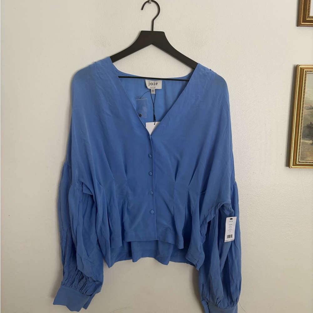 JOIE Mayson Granada Sky Blue Silk Long Sleeve Blouse Chic Women Large NWT